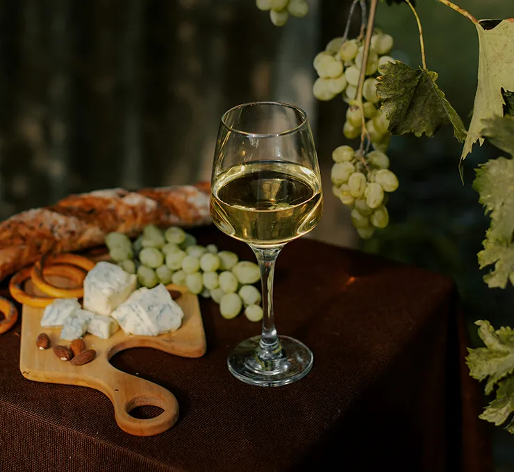A table with spanish food and a glass of white wine